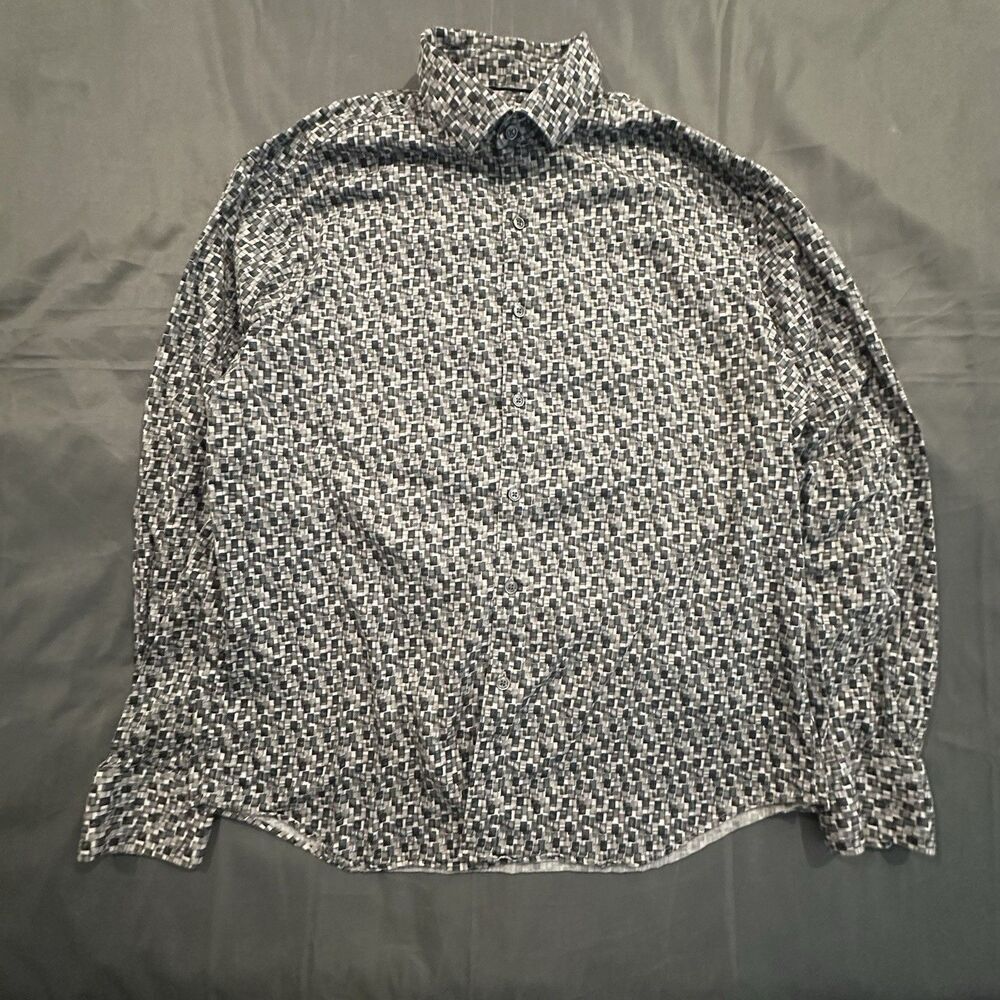 Bugatchi Shirt Mens Large Geometric Charcoal Classic Fit Long Sleeve Stretch